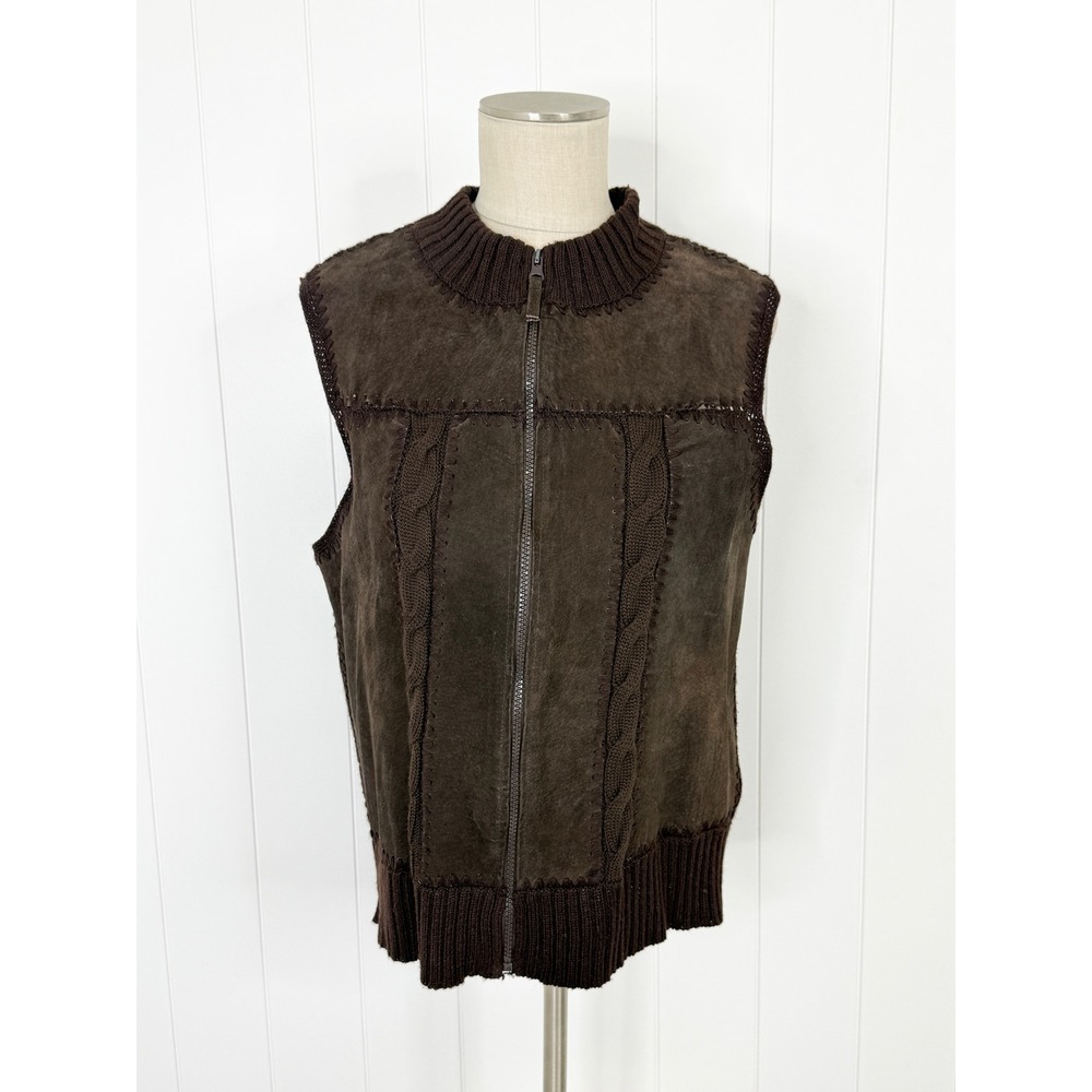 Vtg Sarah Bentley Genuine Suede Cable Knit Sweater Vest Brown Zip Up Boho M/L